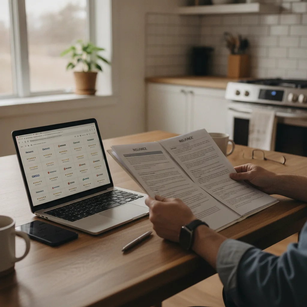 Person reviewing auto insurance comparison quotes at home on a laptop after a DUI conviction