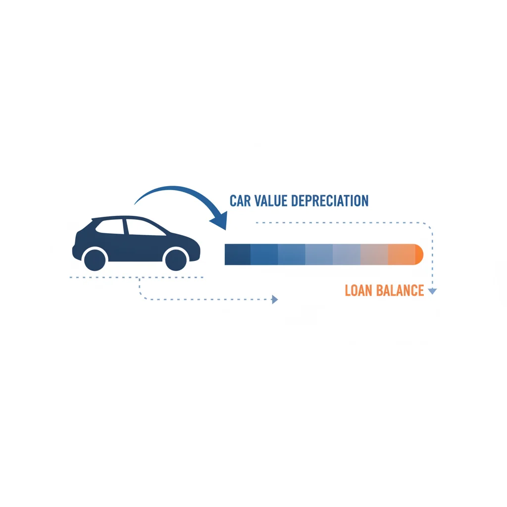Infographic showing a car depreciation curve compared to a declining loan balance over time