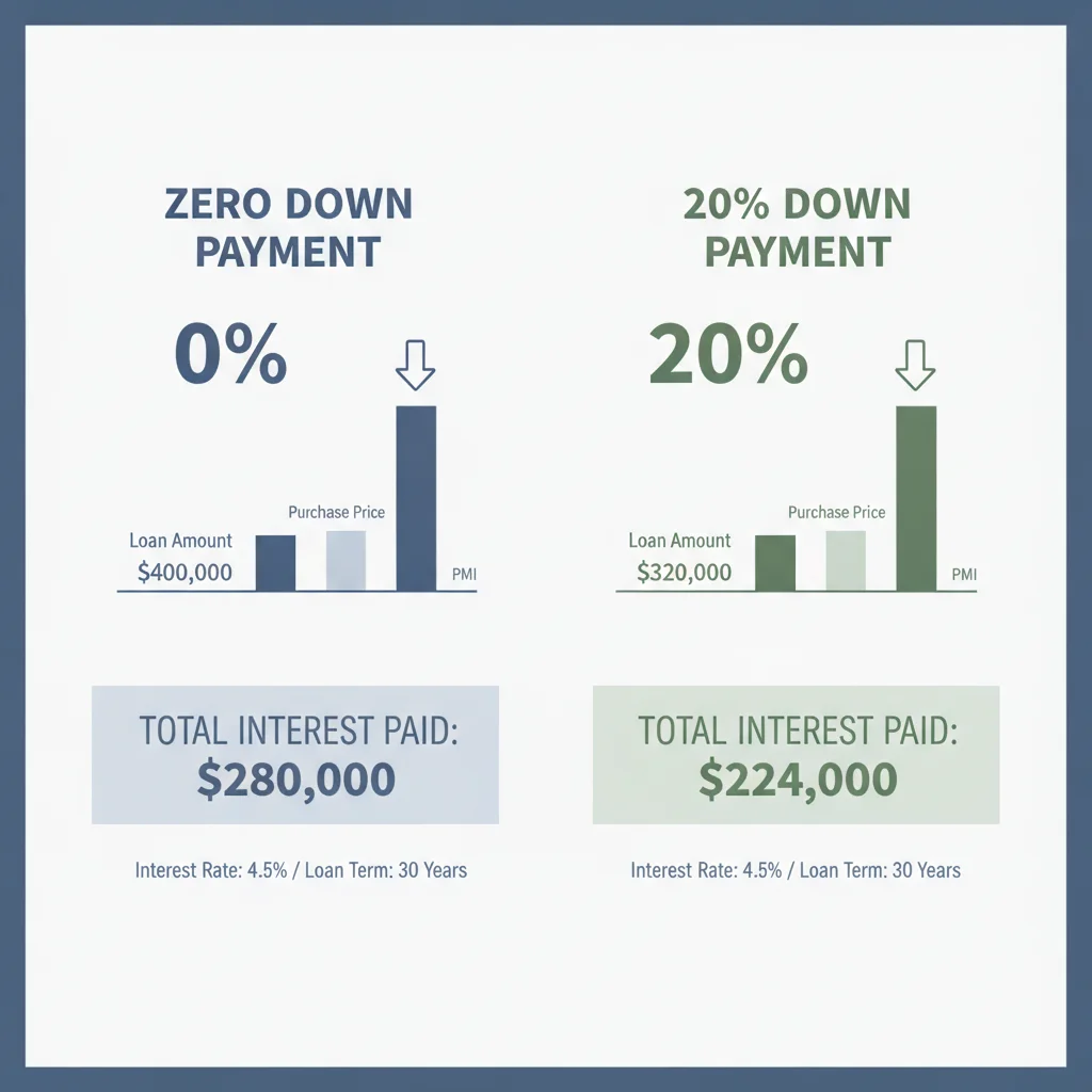 Side-by-side comparison chart showing total interest cost for zero down versus 20% down auto loan scenarios