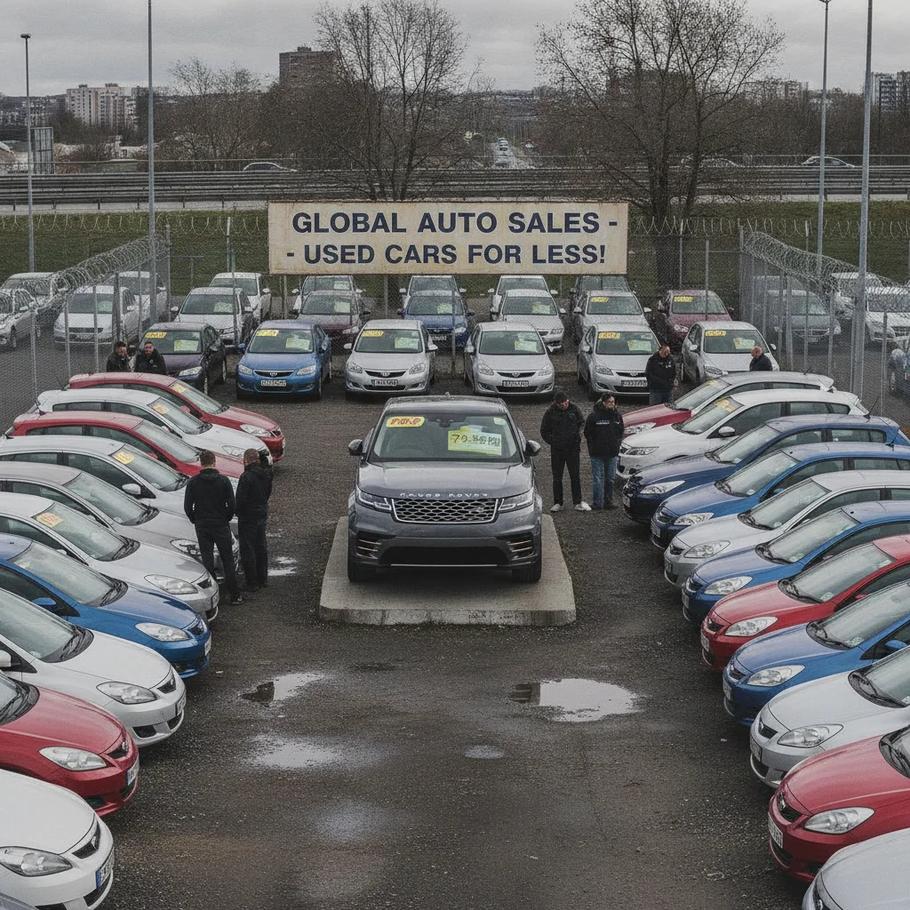 A used luxury SUV on a crowded used-car lot surrounded by economy vehicles with price stickers