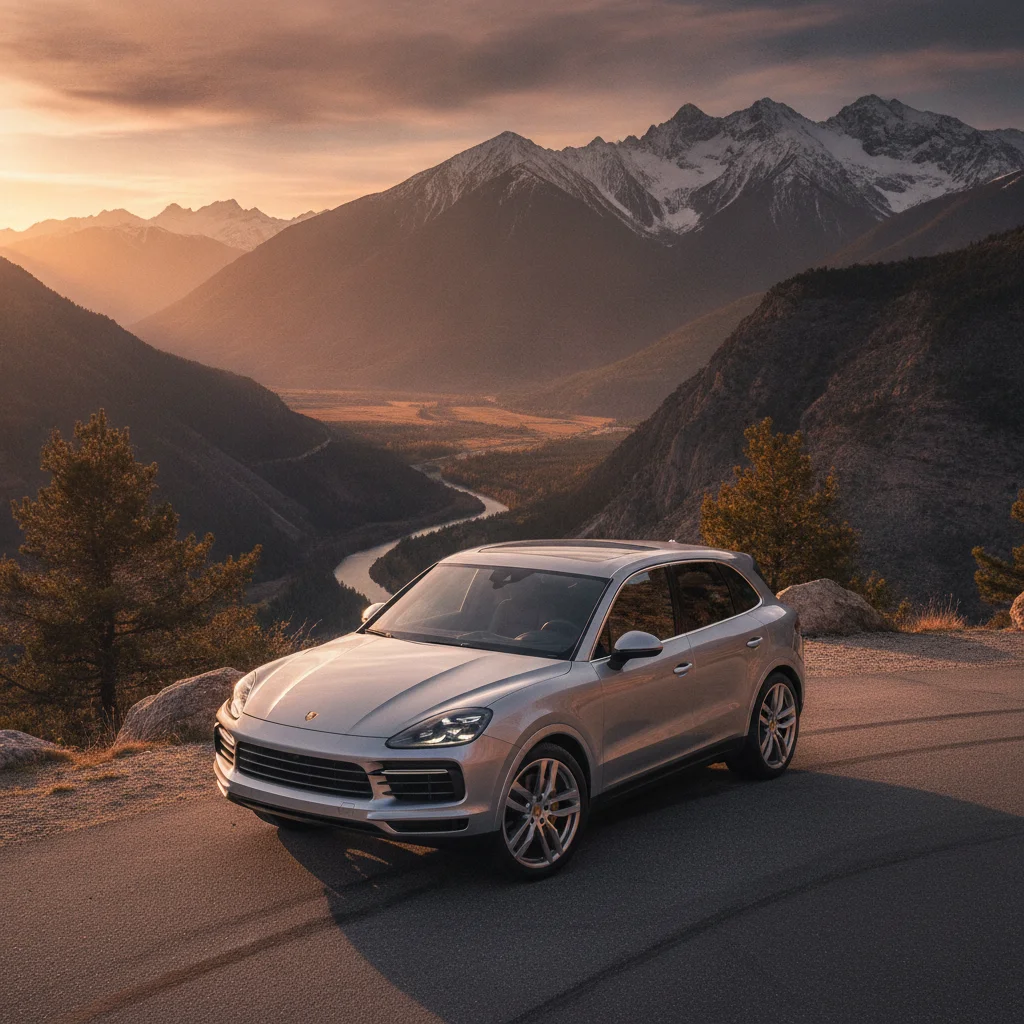 A well-maintained Porsche SUV on a scenic road representing strong luxury resale value retention