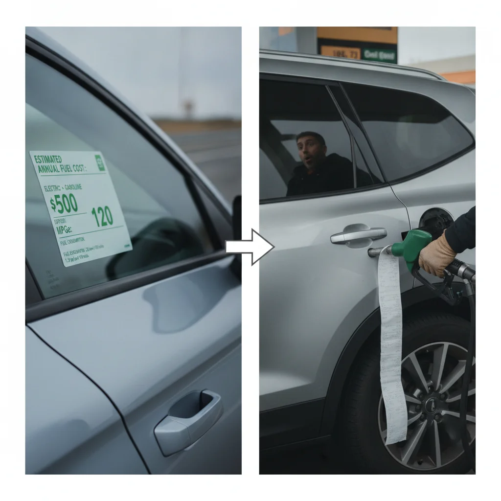 Split image comparing official PHEV fuel economy ratings with higher real-world gasoline costs