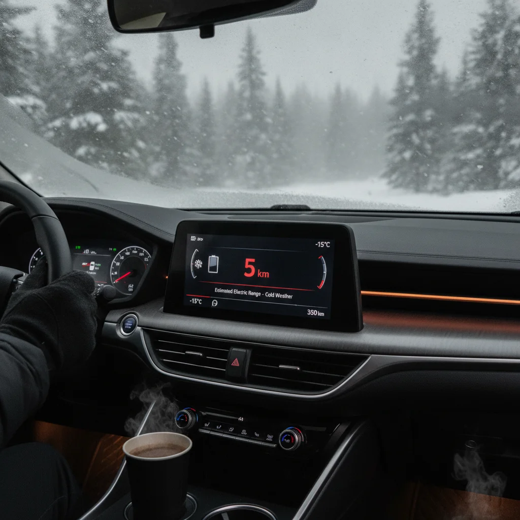 PHEV dashboard showing low electric range in cold winter driving conditions