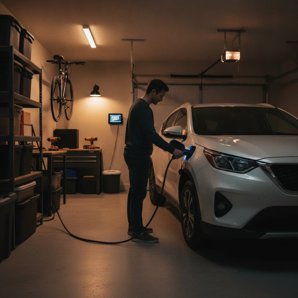 Homeowner plugging a Level 2 charger into a plug-in hybrid in a home garage at night