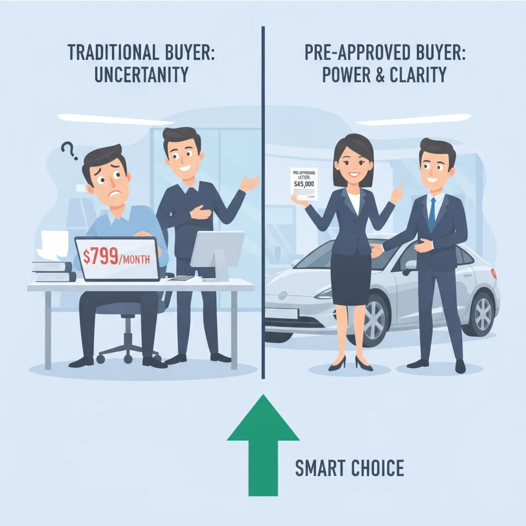 Split illustration contrasting a confused buyer focused on monthly payments versus a confident buyer with pre-approval letter