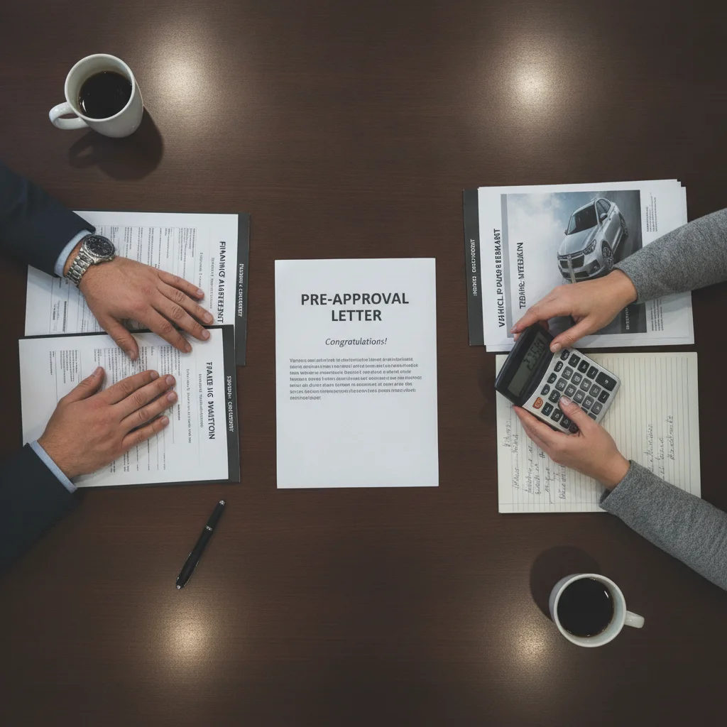 Overhead view of a dealership negotiation table with a pre-approval letter placed between buyer and finance manager