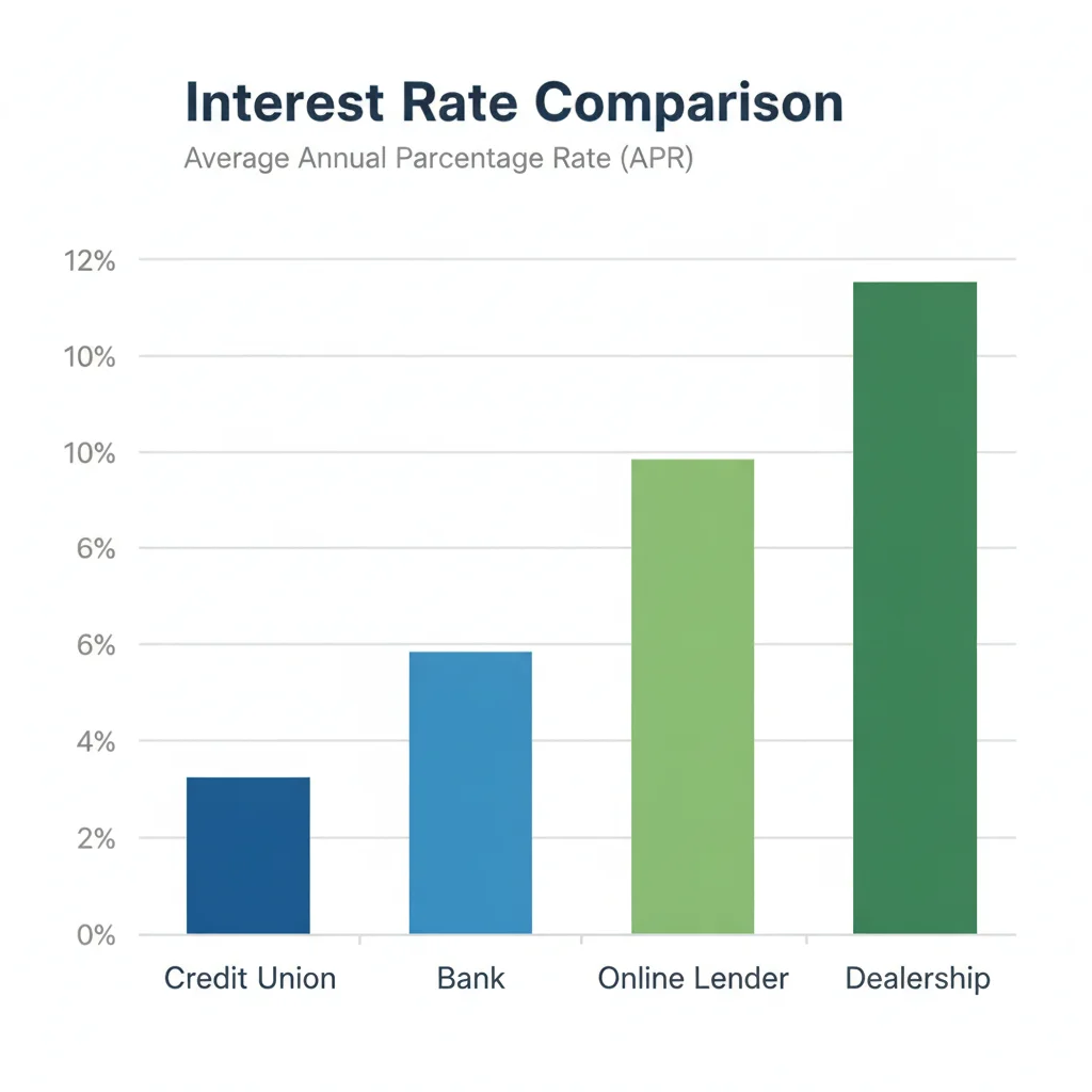 Bar chart comparing auto loan interest rates from credit unions, banks, online lenders, and dealerships