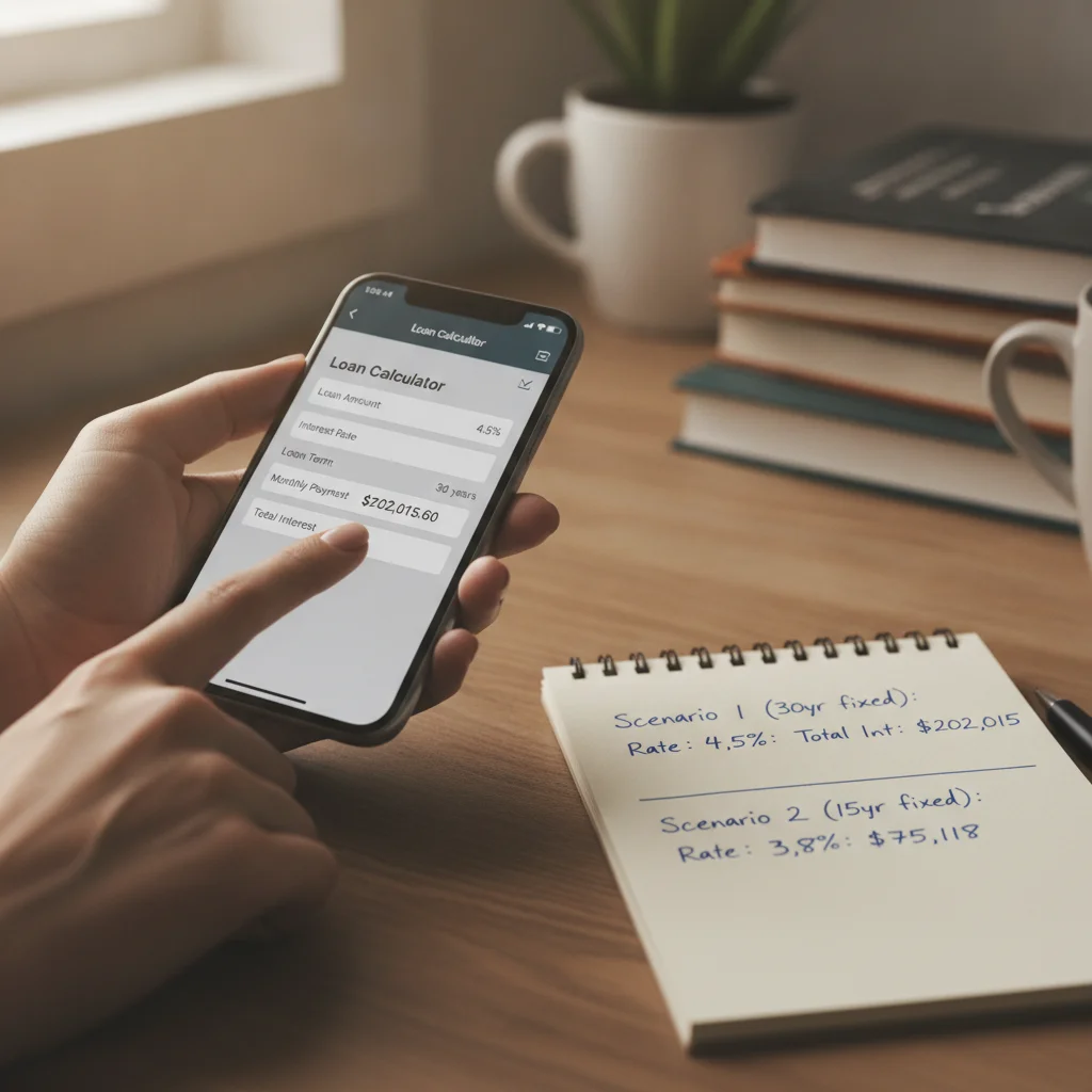 Person using a loan calculator on a smartphone while comparing two financing scenarios on a notepad
