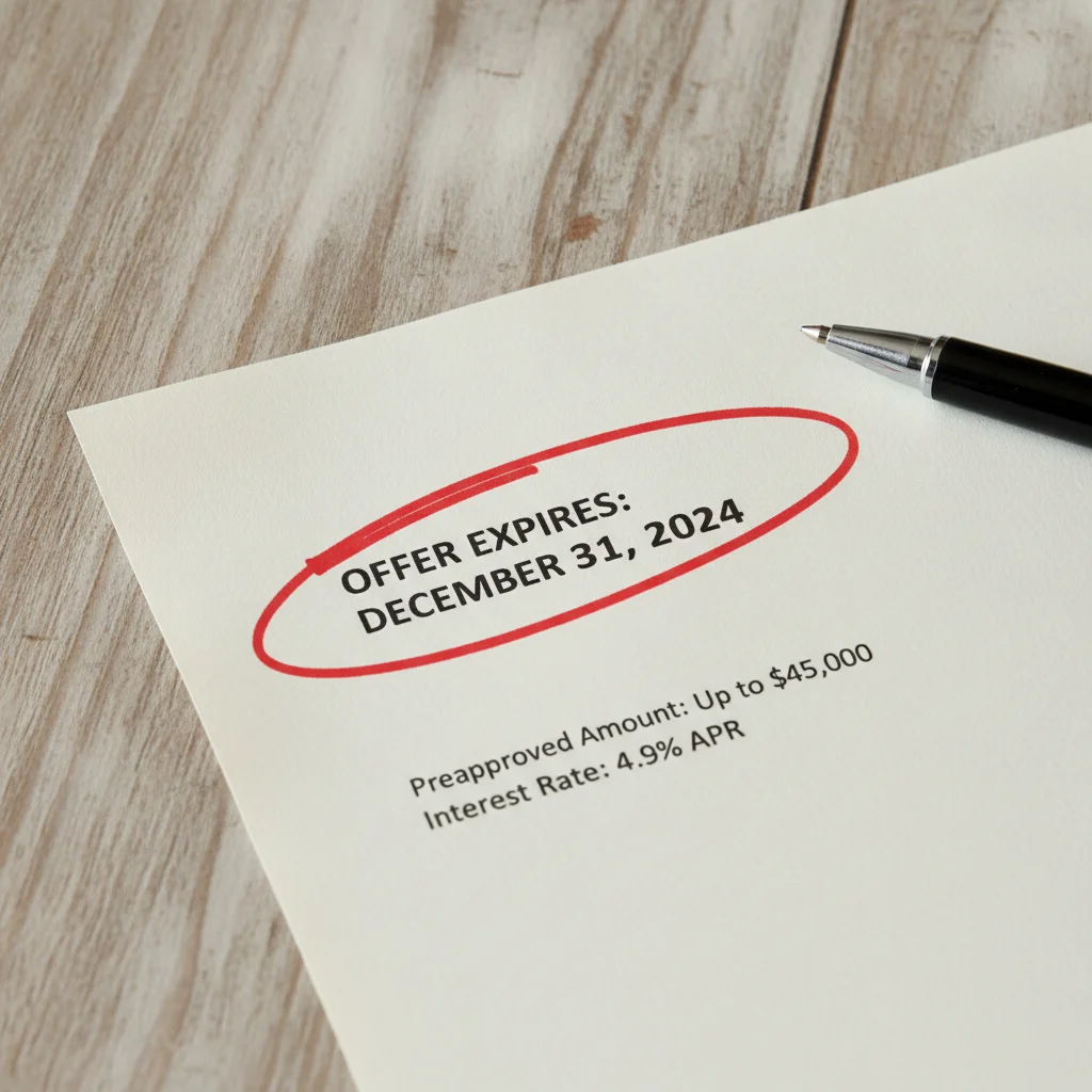 Auto loan preapproval letter with expiration date circled in red on a desk