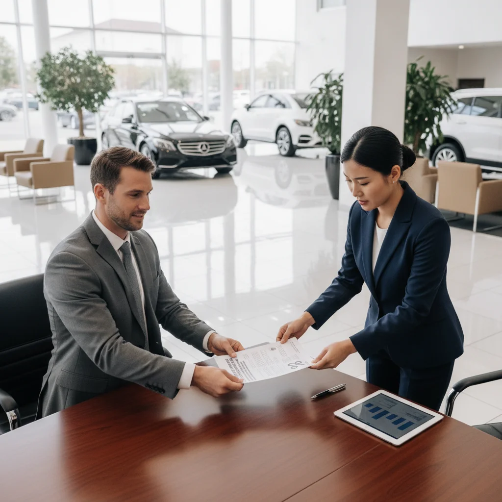 Car buyer presenting preapproval document to dealership finance manager at negotiation table