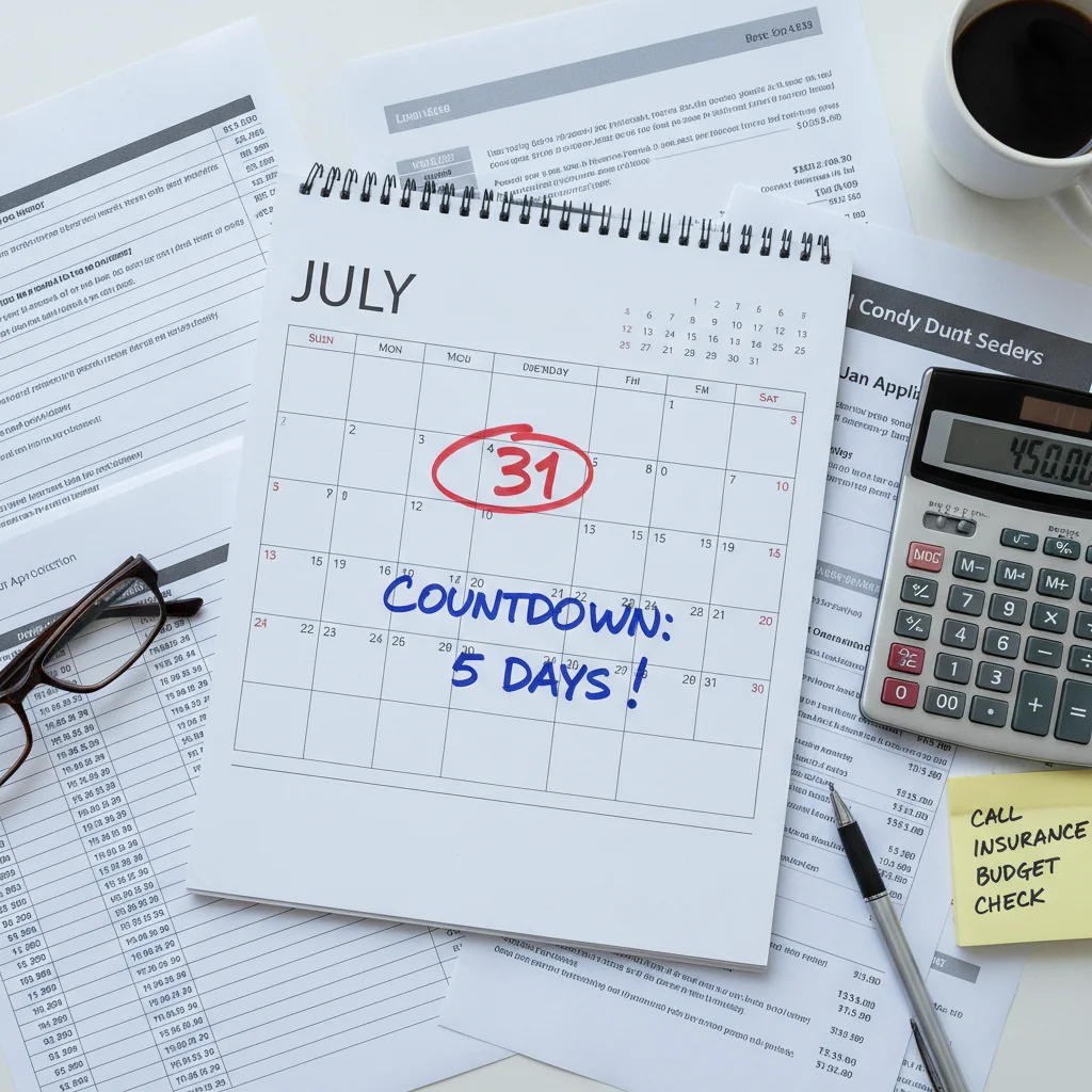 Calendar with circled date showing countdown to preapproval expiration surrounded by car financing paperwork