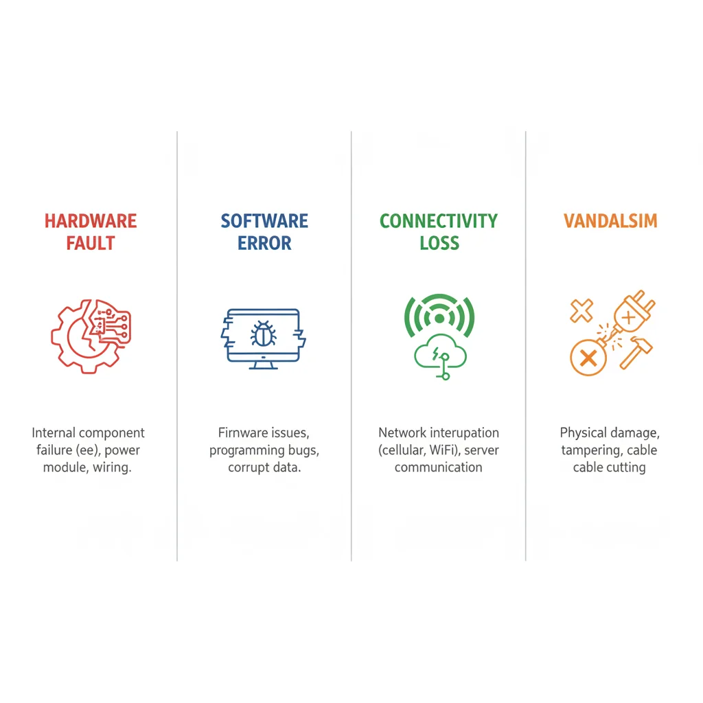 Infographic illustrating the four main causes of public EV charger downtime: hardware, software, connectivity, and vandalism