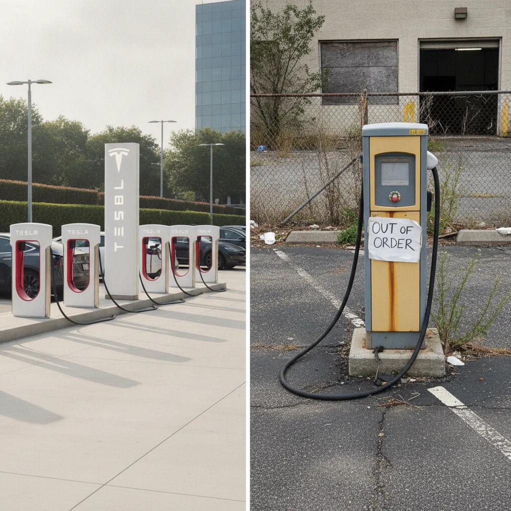 Tesla Supercharger station compared side by side with an older third-party DC fast charger showing an out-of-order notice