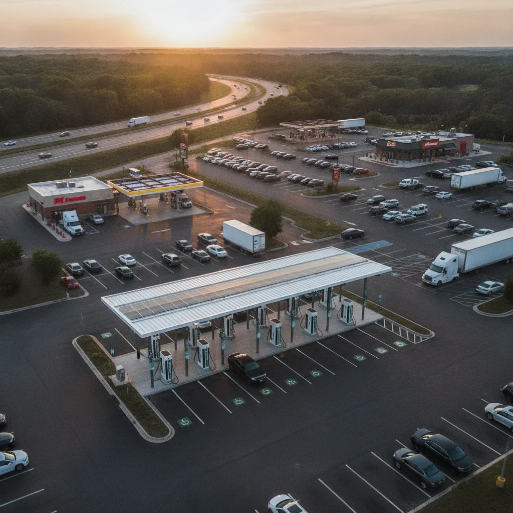 Aerial view of a new NEVI-funded highway EV charging station at a rest stop with multiple charging stalls