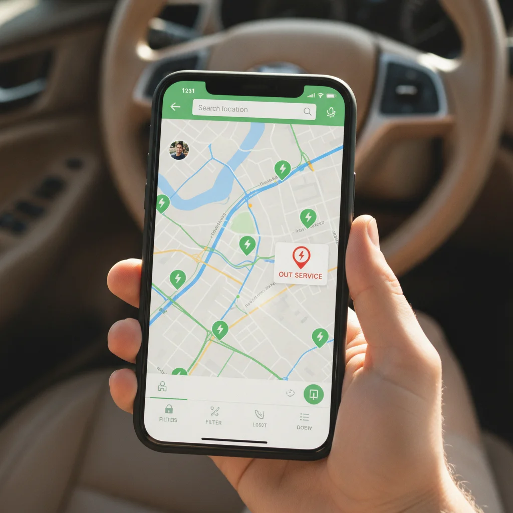 Smartphone displaying PlugShare app map showing EV charging station availability with one station marked out of service