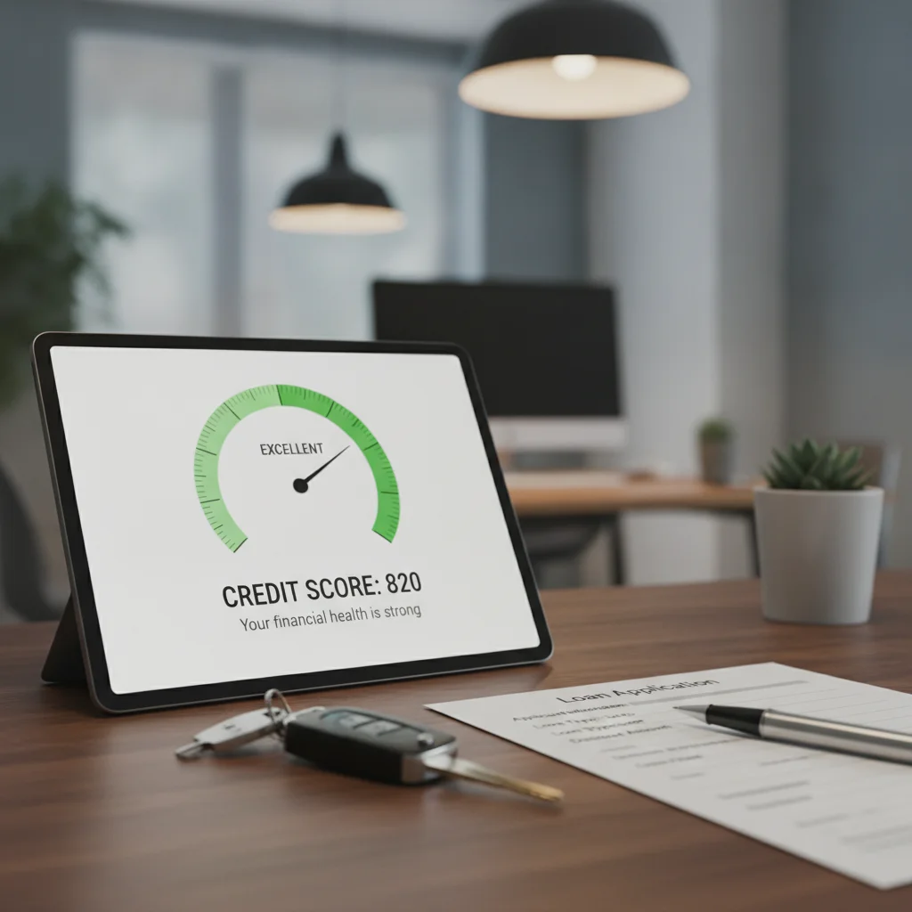 Tablet displaying a credit score gauge next to car keys and a loan application on a desk