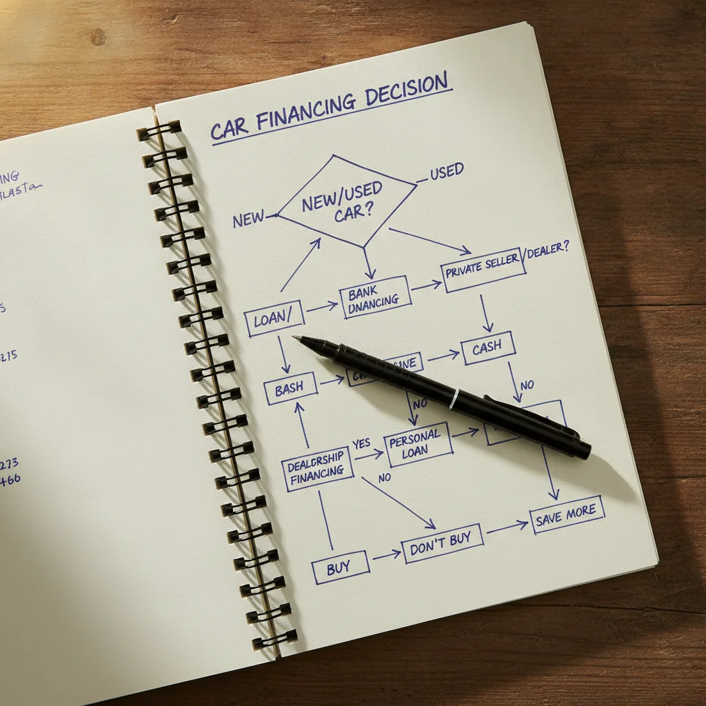 Hand-drawn flowchart in a notebook outlining a car financing decision process