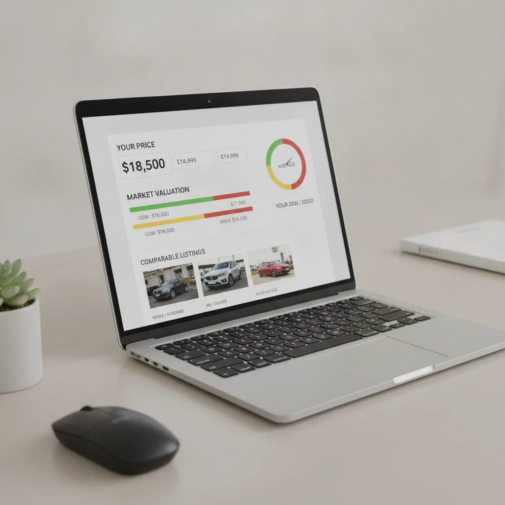A laptop screen showing a used car listing with price fields and valuation comparison data