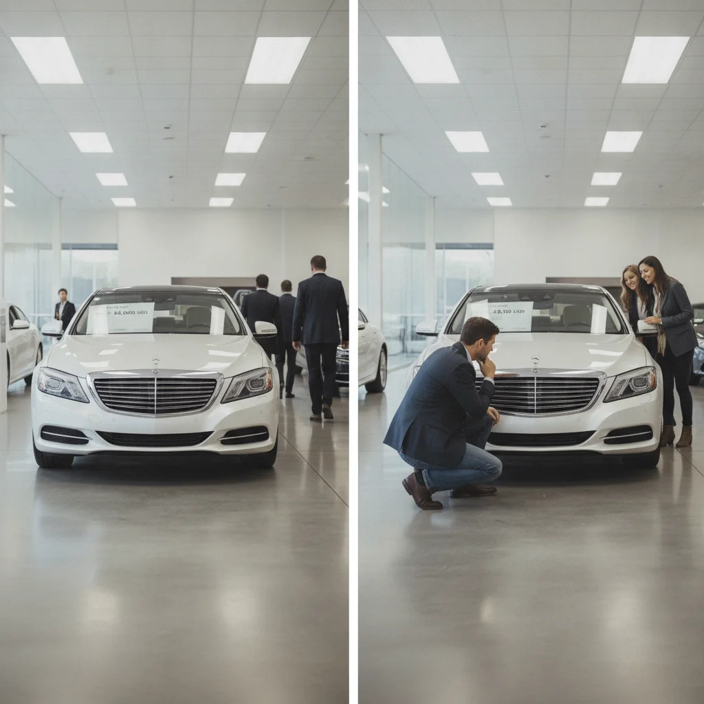 Two identical cars side by side — one overpriced with no interest, one fairly priced with a buyer