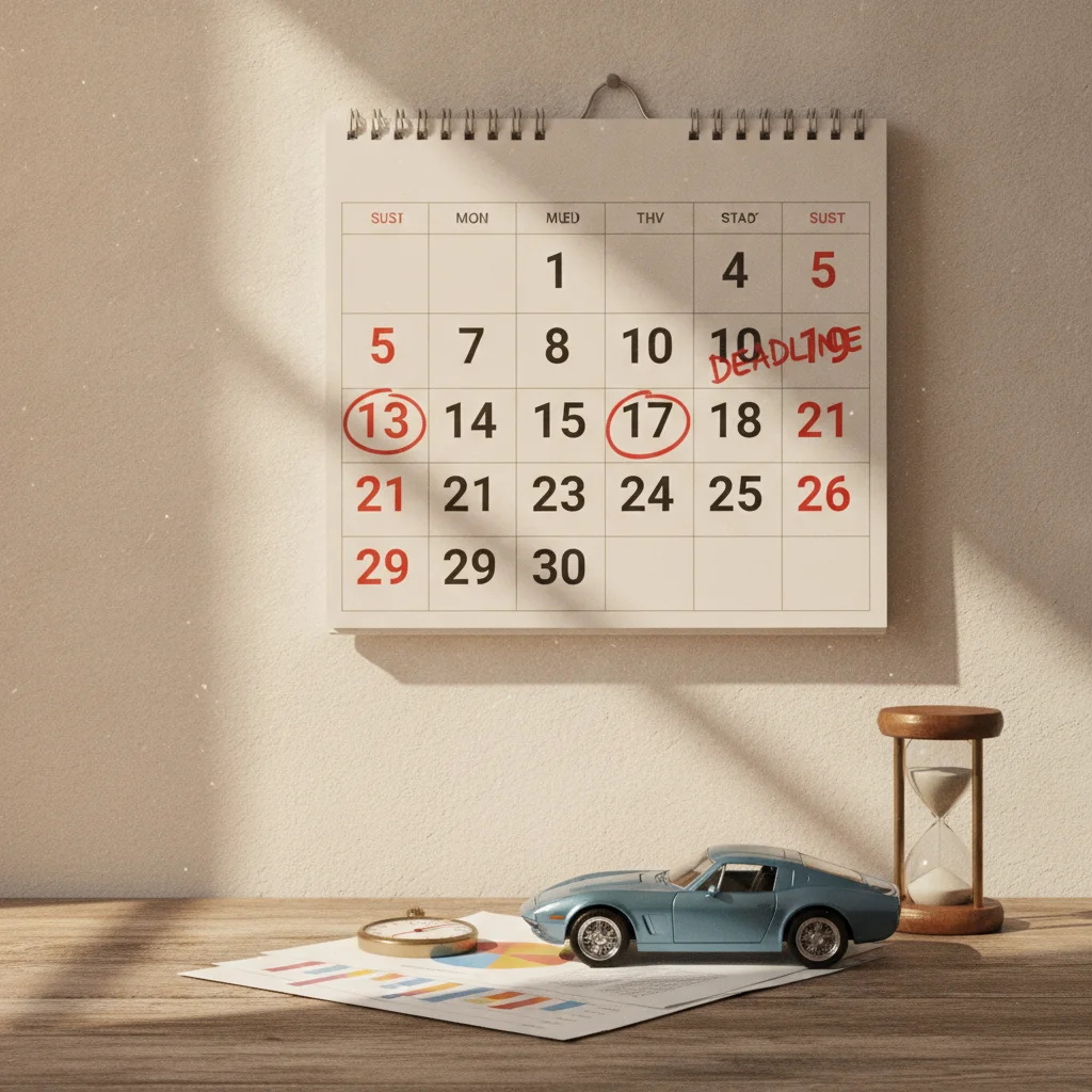 A calendar with circled dates and a toy car beside it, symbolizing car sale timing and market windows