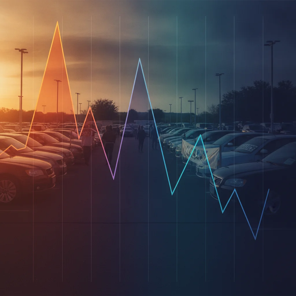 Stylized graph showing a used car market price rising sharply then falling, overlaid on a car lot