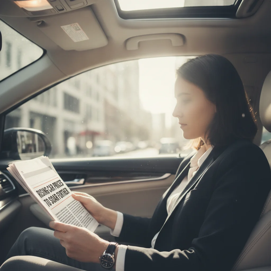 Person reading news about rising used car prices while sitting inside a vehicle