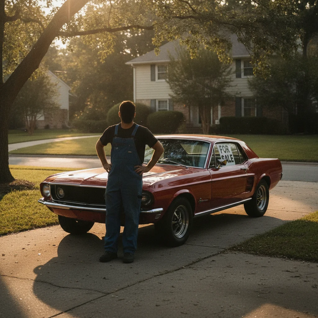Car owner standing confidently next to a vehicle with a for-sale sign in a residential driveway