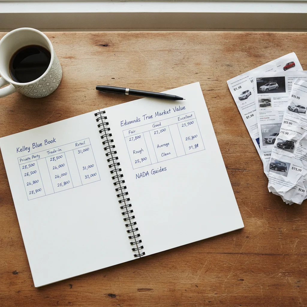Handwritten notes comparing car valuation numbers from different tools laid out on a desk with printed listings
