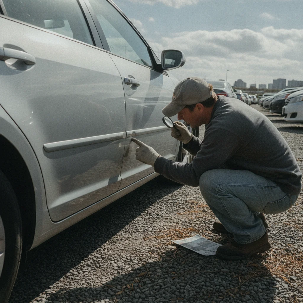 A person crouching beside a used car carefully inspecting the exterior paint and a small dent on the door panel