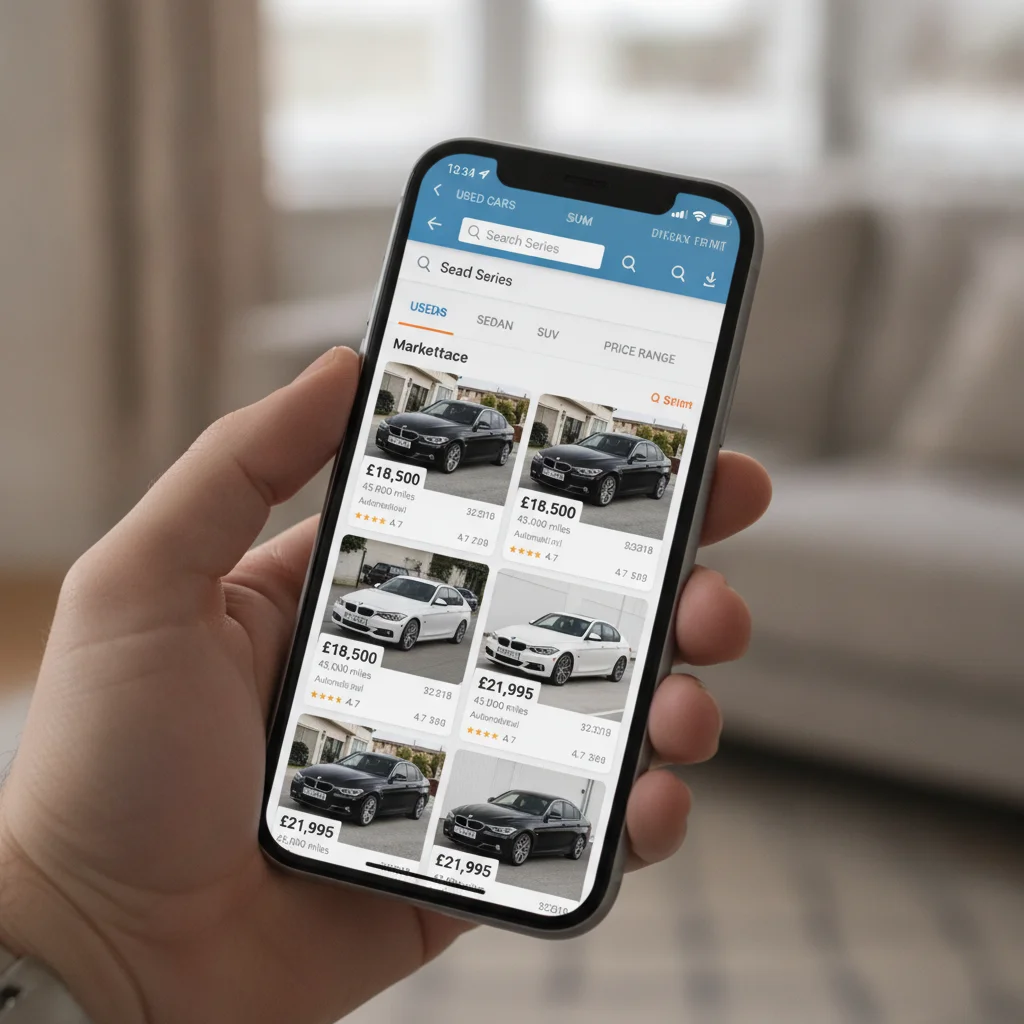 A smartphone displaying a used car marketplace app showing filtered search results with prices and mileage for similar vehicles