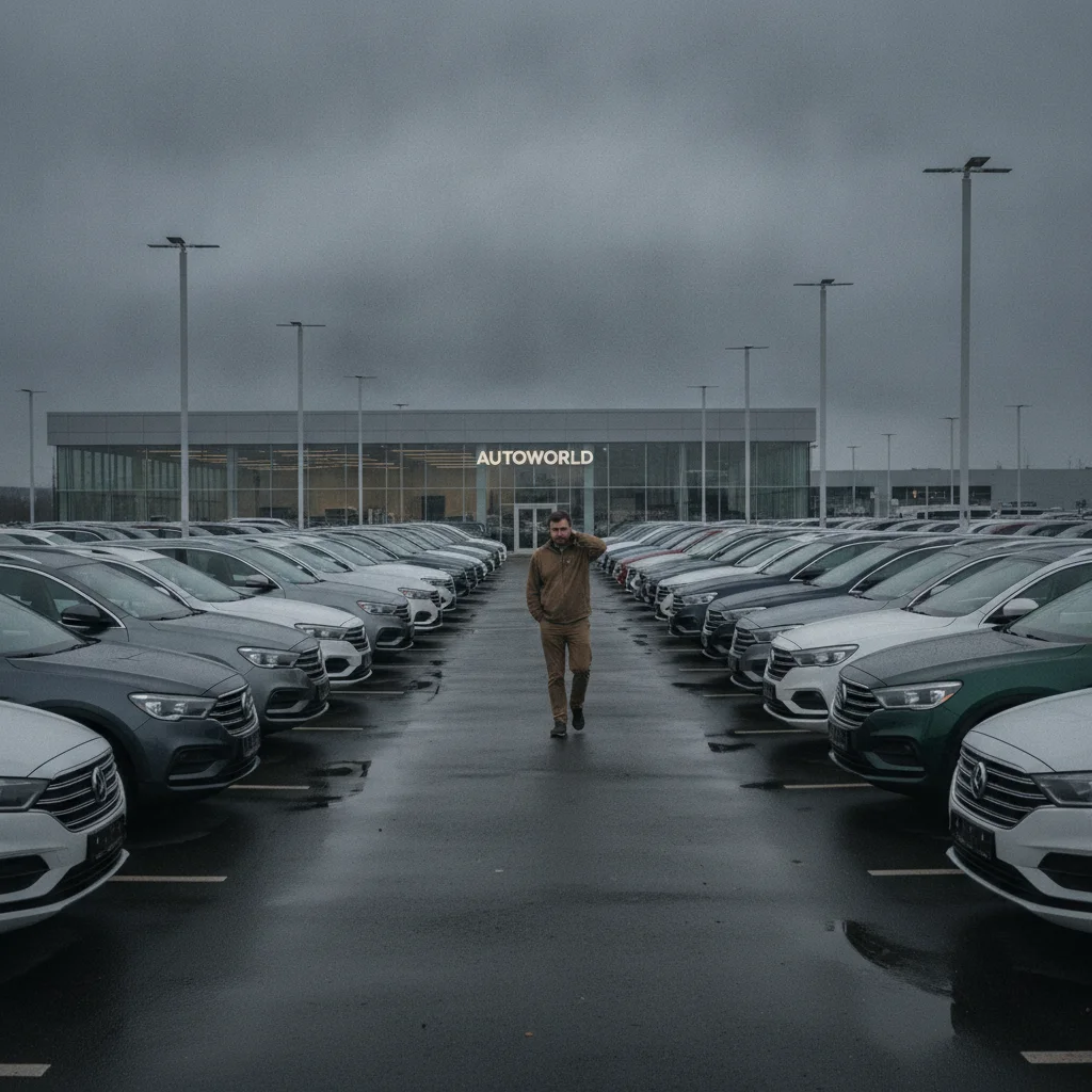 A lone buyer walking through a dealership lot, surrounded by rows of vehicles on an overcast day