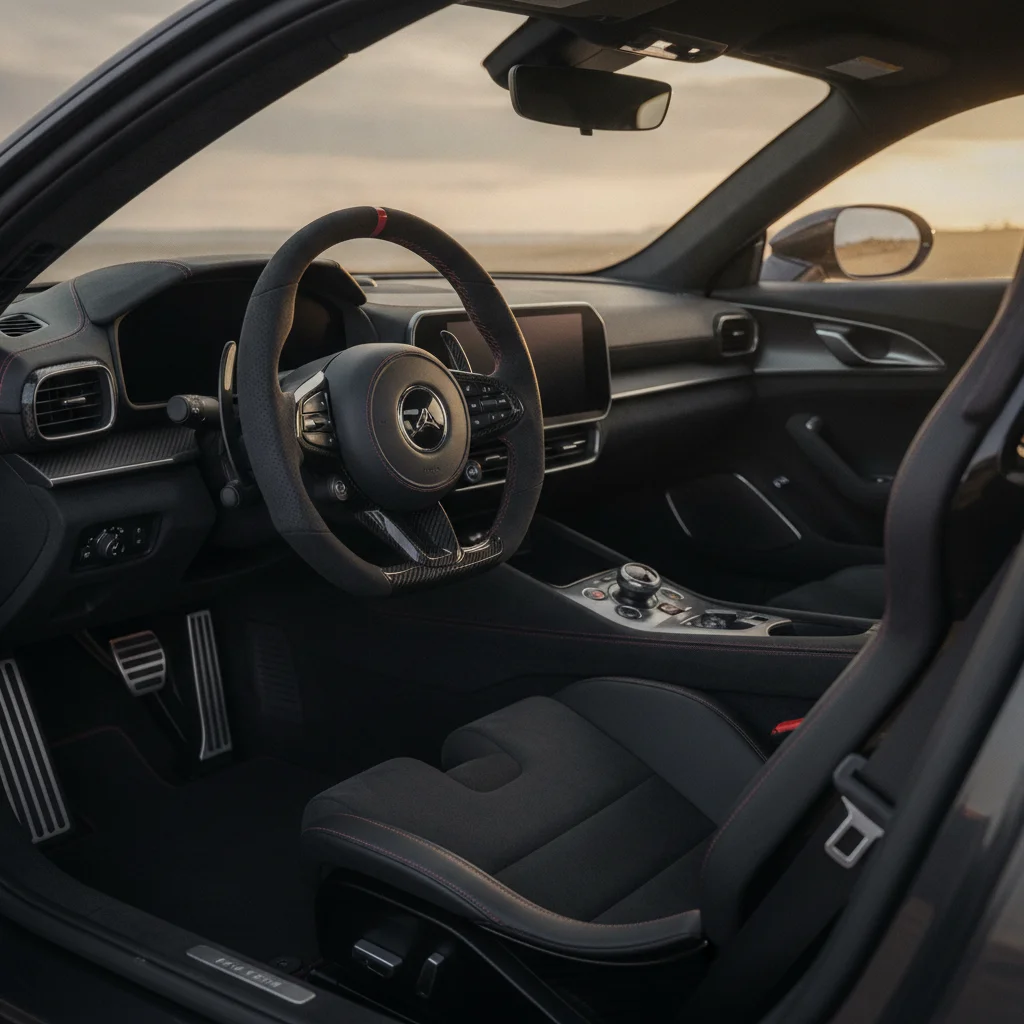 Driver's perspective inside a car cabin showing steering wheel, seat position, and pedal layout