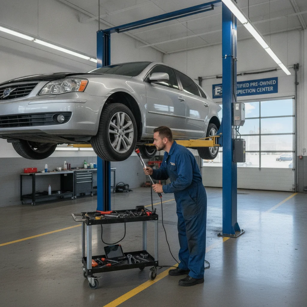 A mechanic conducting a pre-purchase vehicle inspection on a car elevated on a hydraulic lift