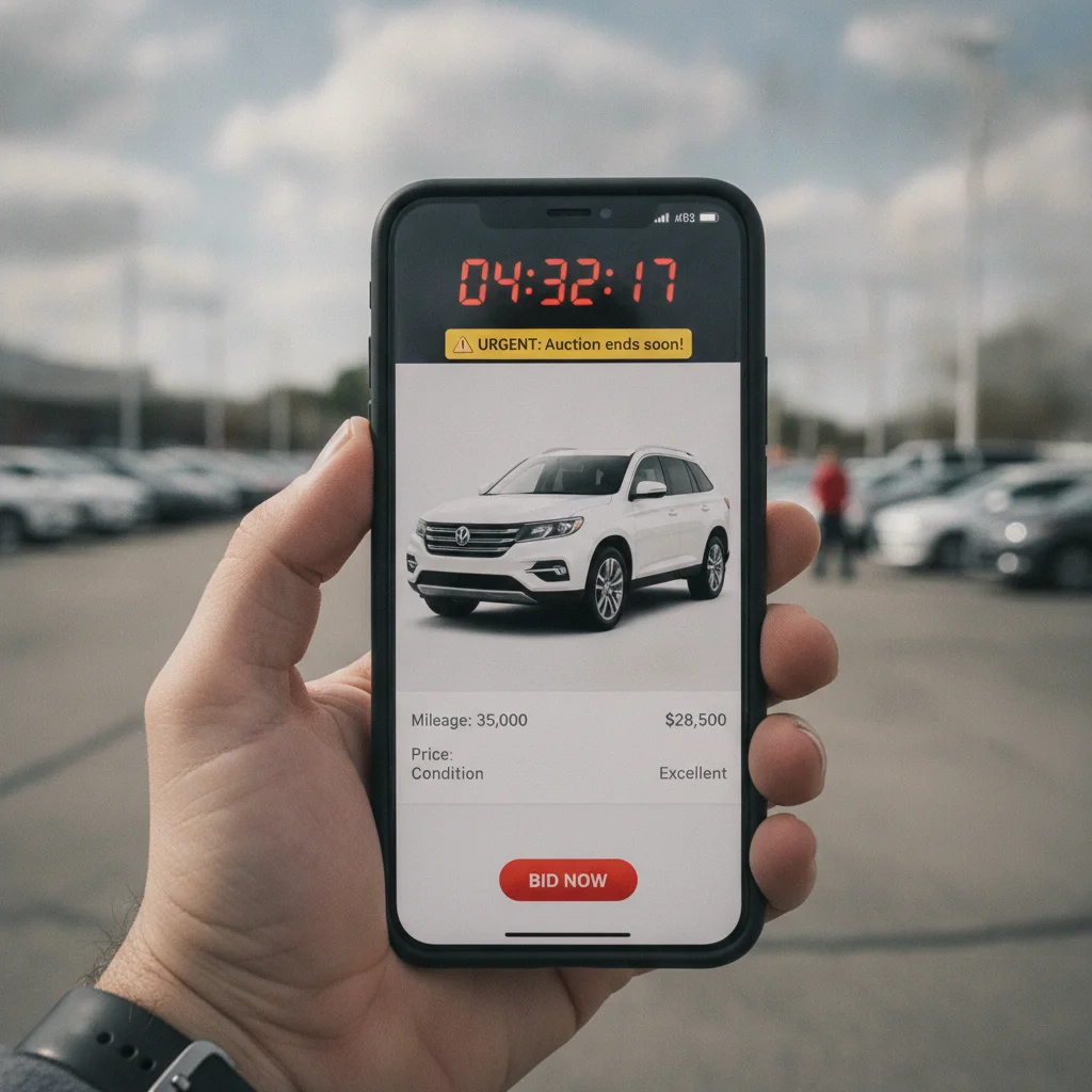 A smartphone displaying an online car listing with a countdown timer and urgency notification