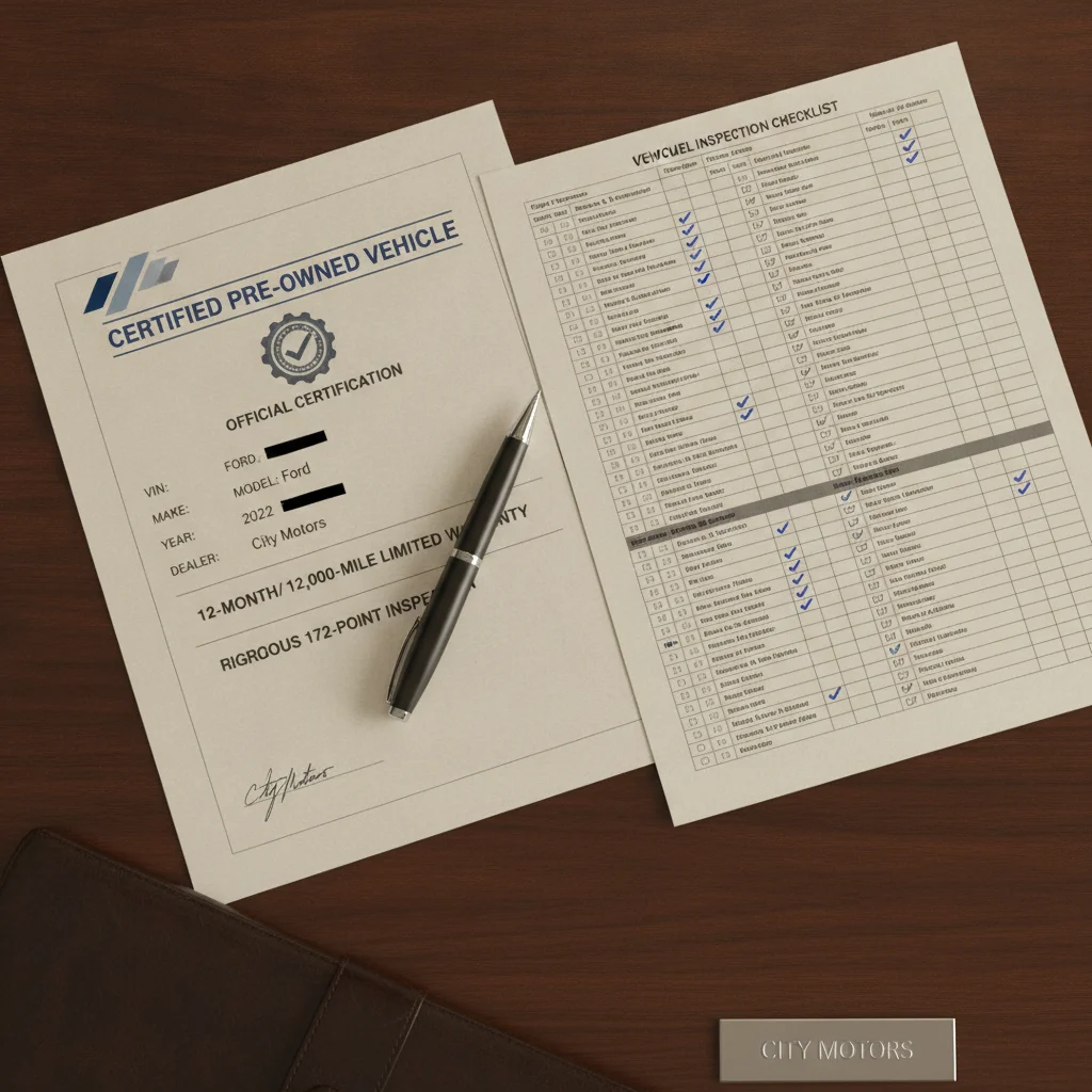 CPO certification document and vehicle inspection checklist laid out on a dealership desk with a pen