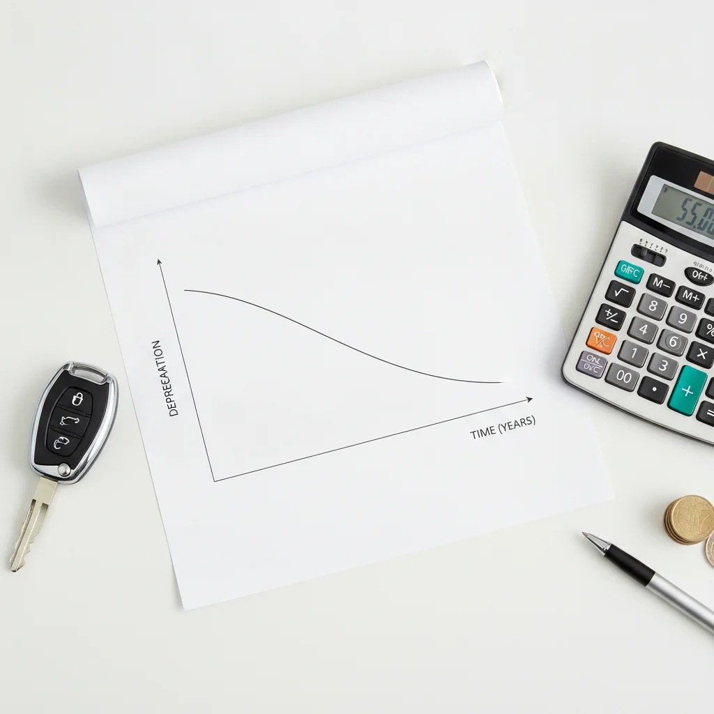Depreciation graph printed on paper alongside a car key and calculator on a white desk