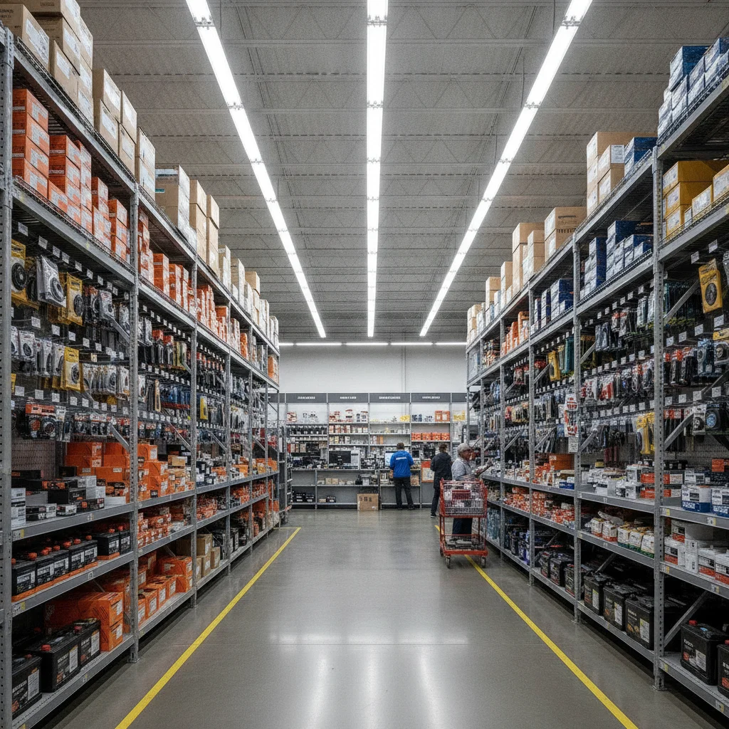 Auto parts store with organized shelves of car components showing wide inventory selection