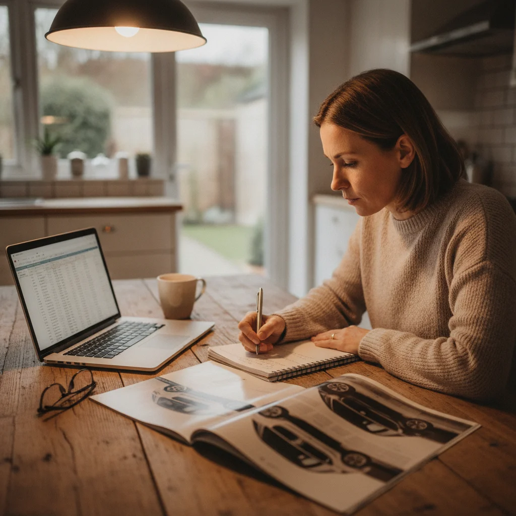 Person comparing two car brochures at a kitchen table with notes and a laptop, doing research