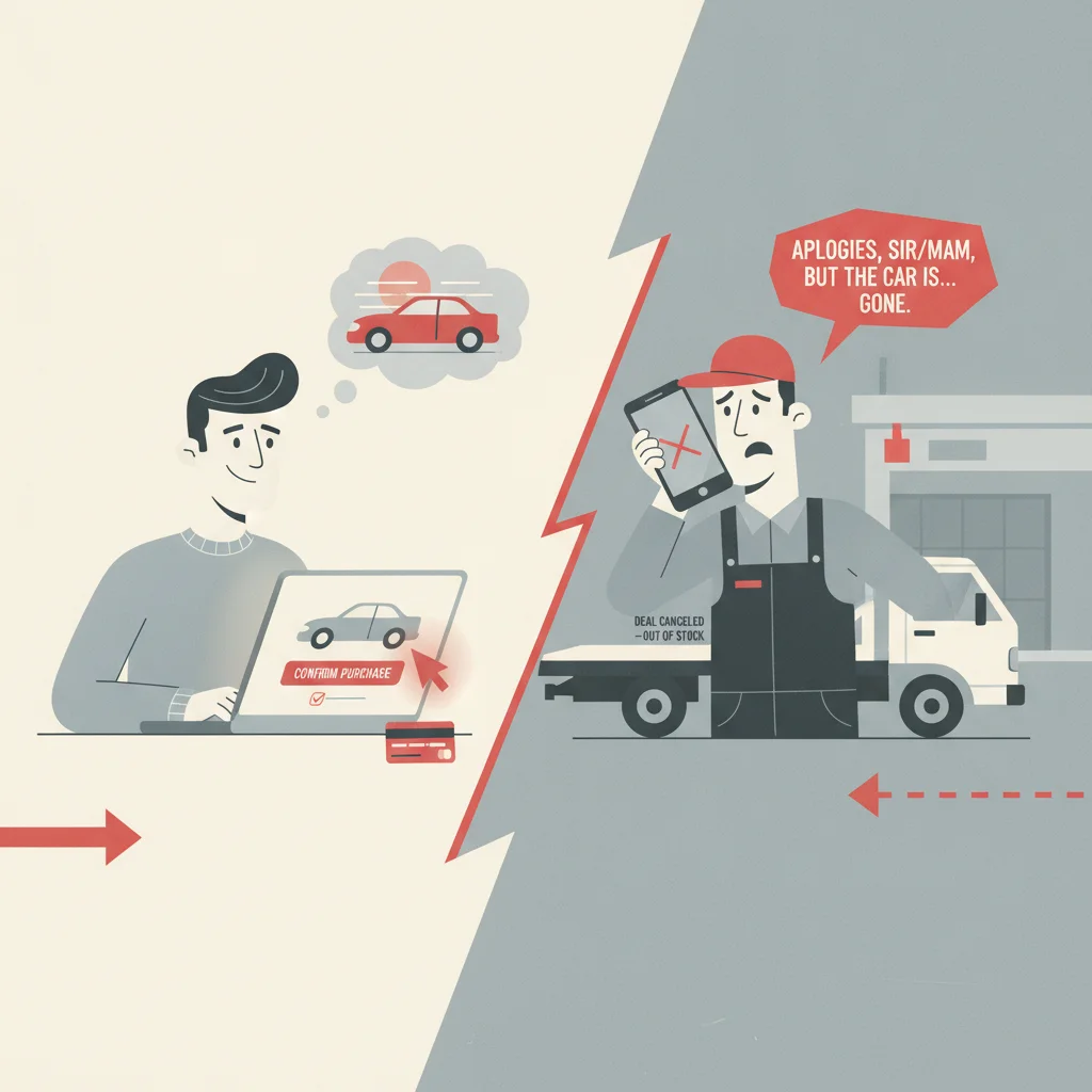 Split illustration showing online car purchase confirmation versus last-minute delivery cancellation call