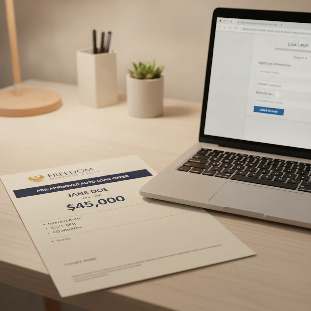 Bank preapproval letter next to laptop showing a car loan application form on a desk
