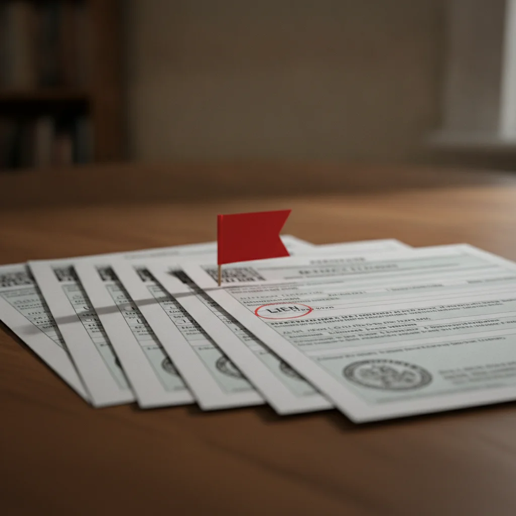 Stack of vehicle title and registration documents with a red flag marking a lien issue