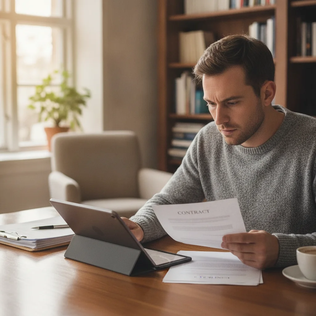 Person carefully reviewing an online car purchase contract on a tablet against a printed summary