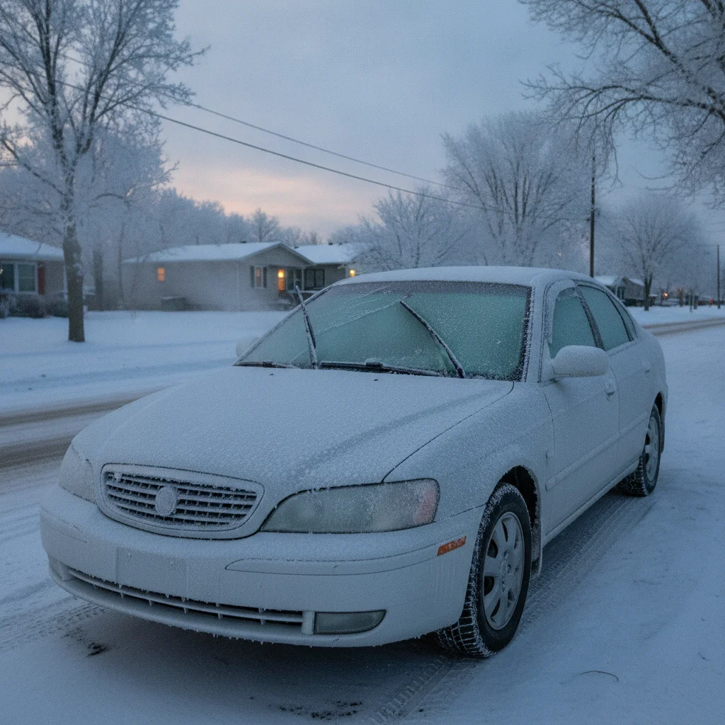 Frost-covered car parked outside on a cold winter morning with icy windows and condensation