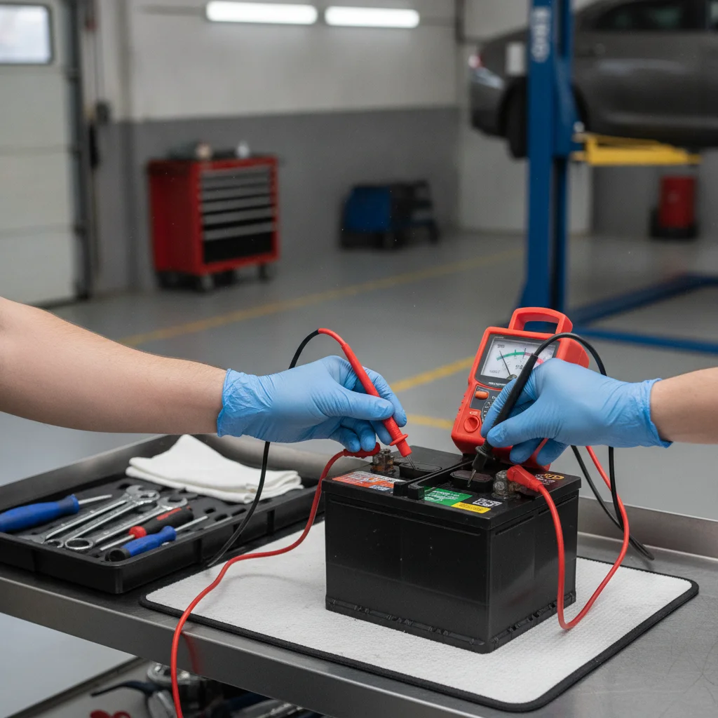 Mechanic performing a battery load test with diagnostic equipment in an auto repair shop