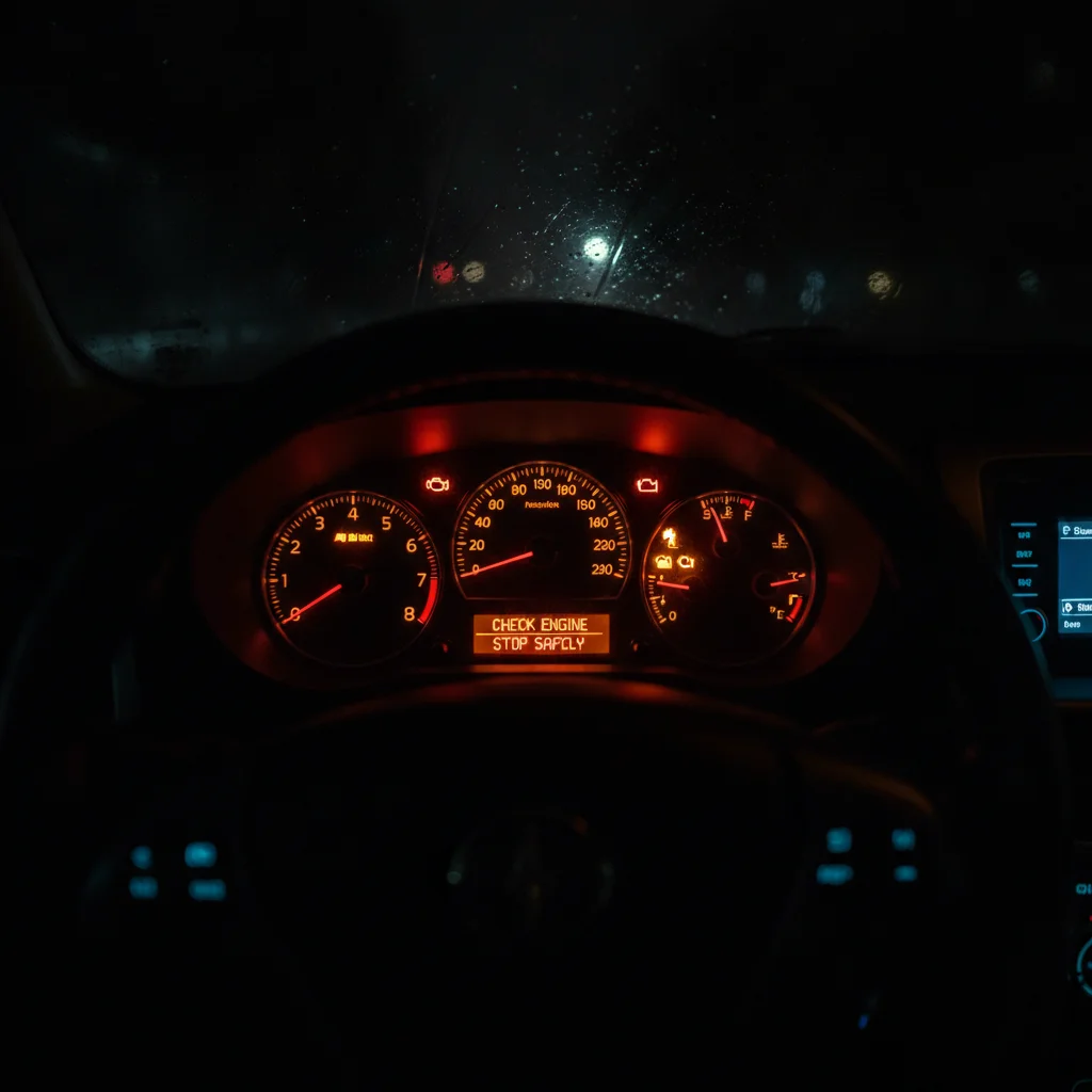 Driver's perspective of a car dashboard showing multiple illuminated warning lights at night