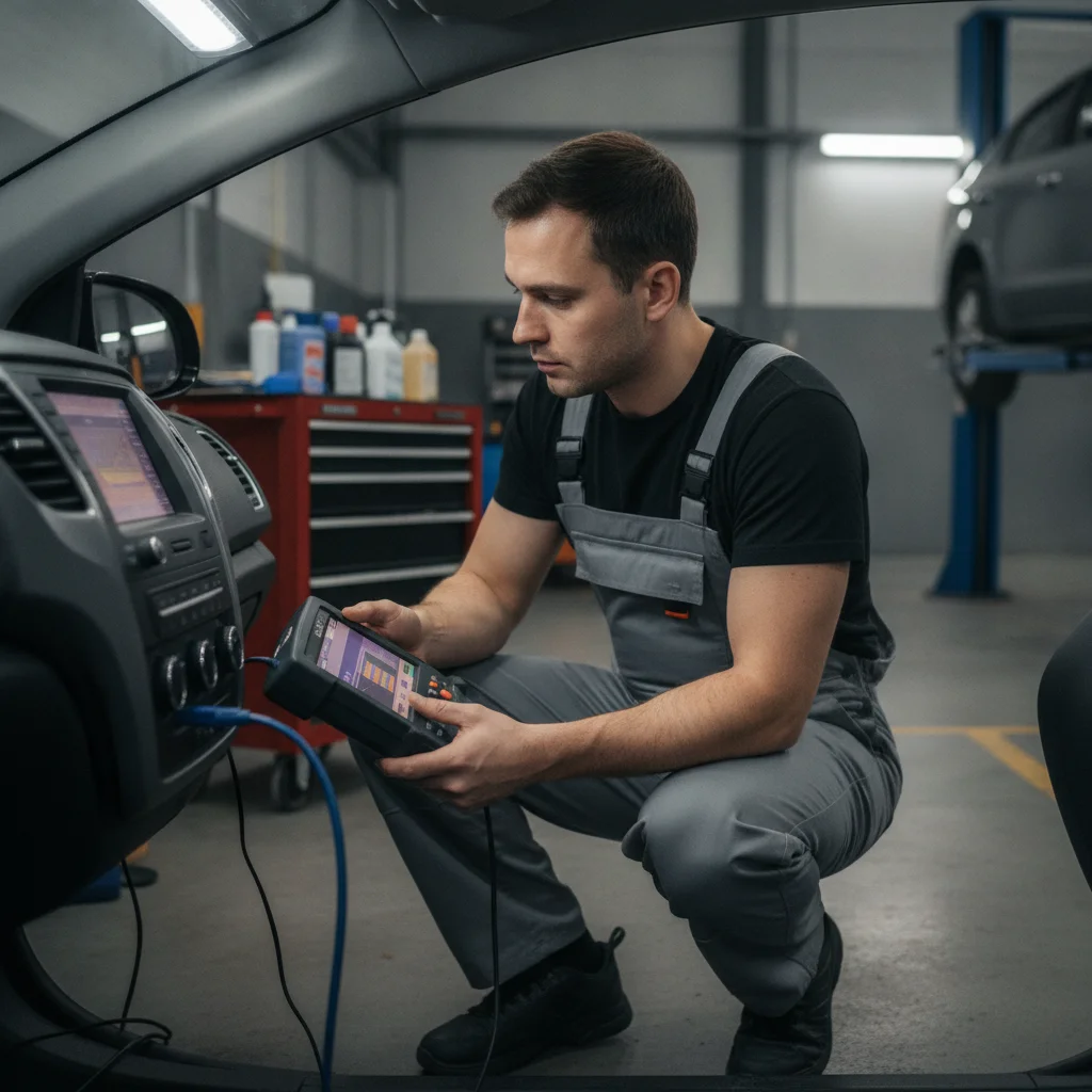 Mechanic using an OBD-II diagnostic scanner connected to a vehicle's diagnostic port under the dashboard