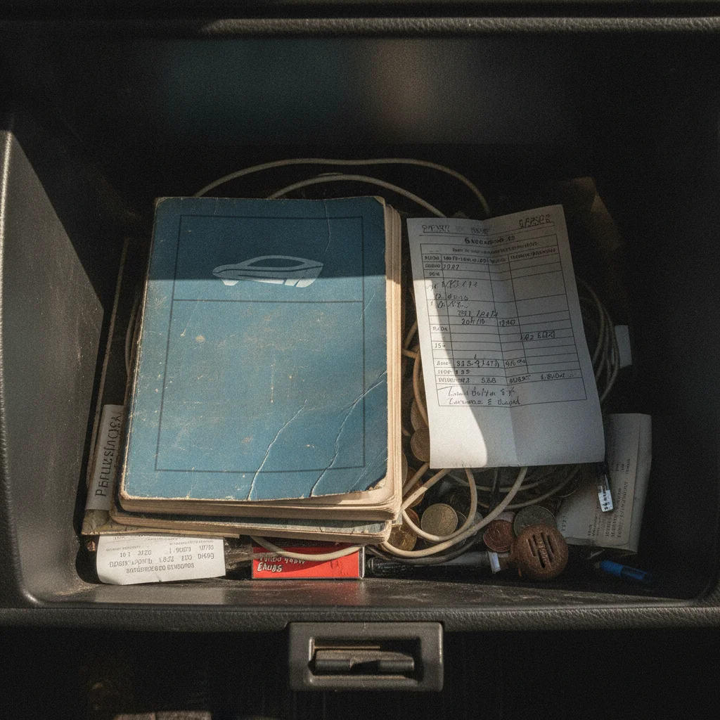 A car owner's manual and folded service record resting inside a vehicle's glove box