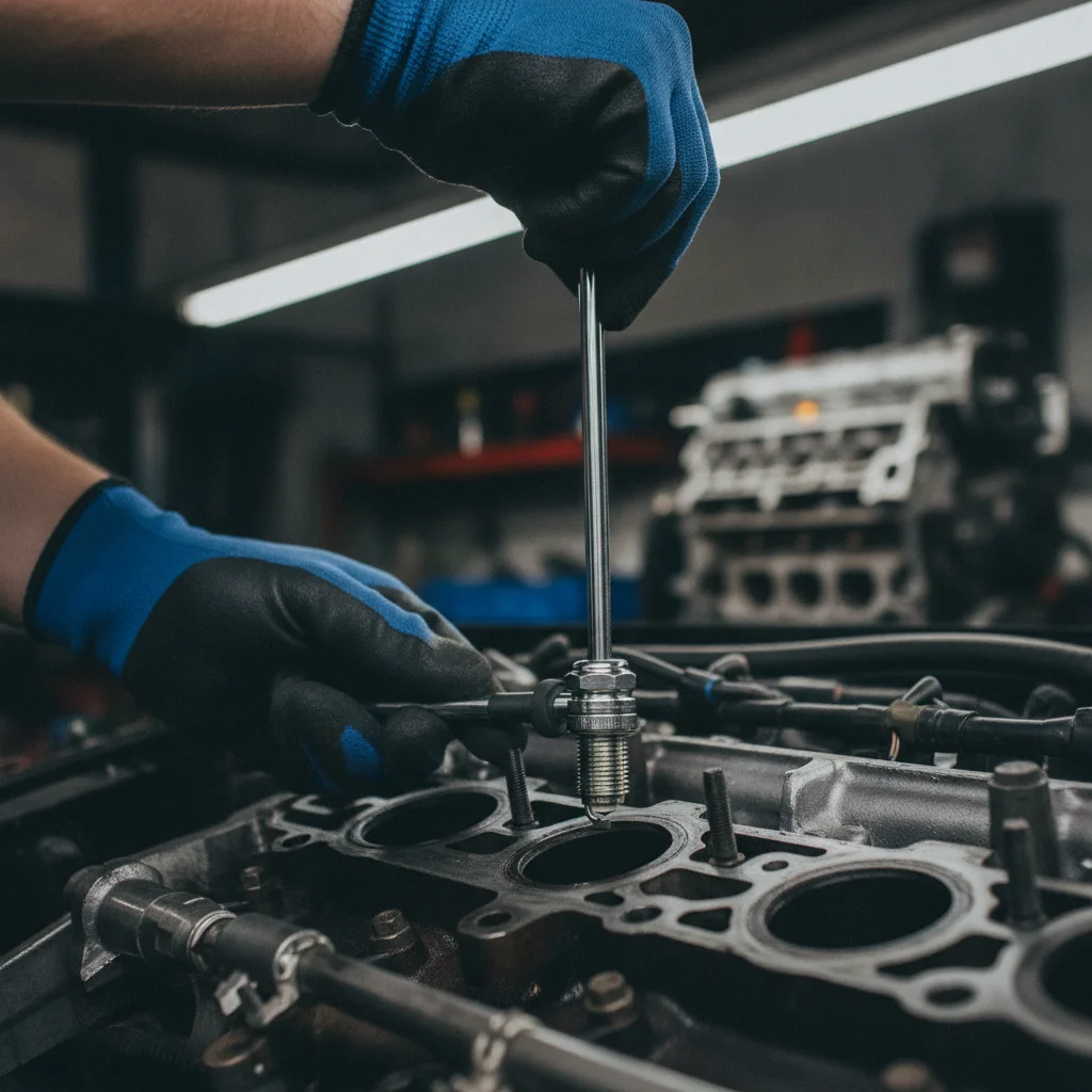 Gloved hands threading a new spark plug into a cylinder head using a spark plug socket and extension
