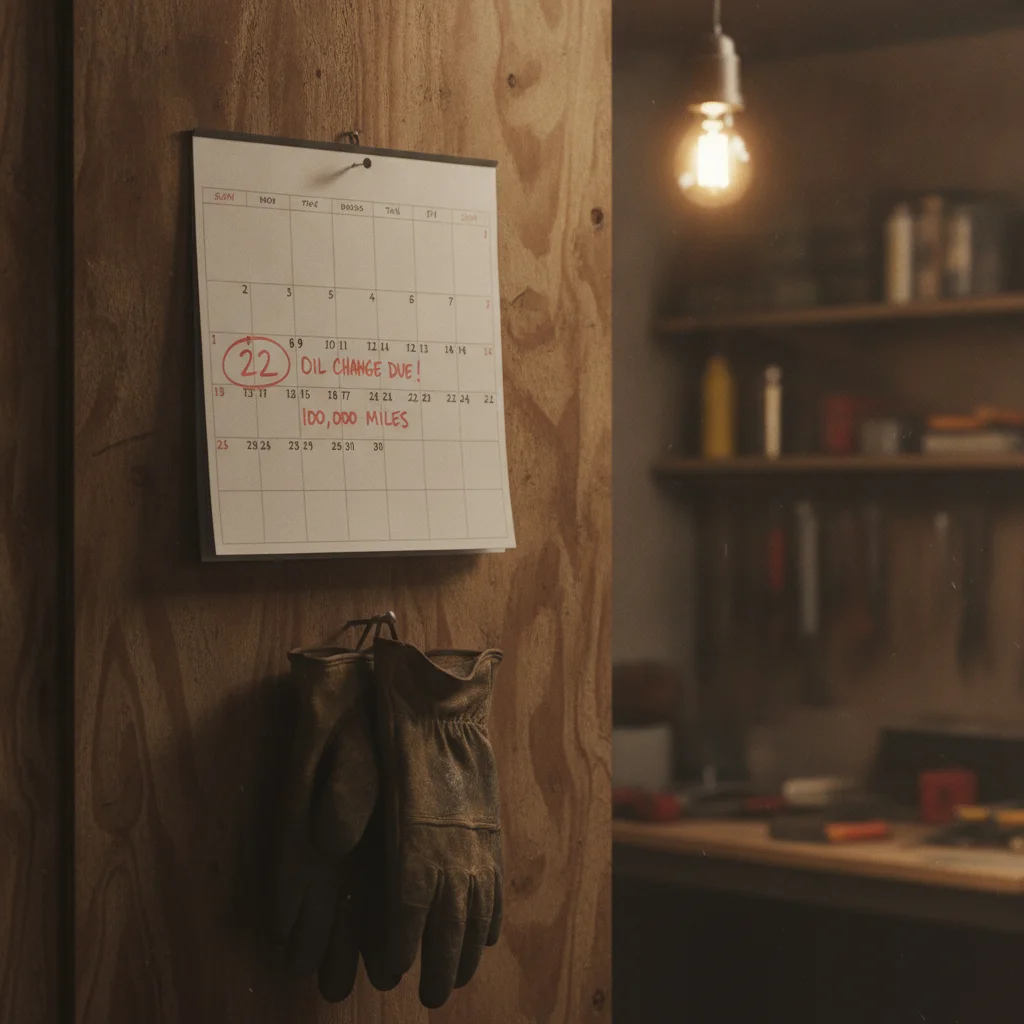 A garage calendar with a mileage-based maintenance reminder circled in red marker