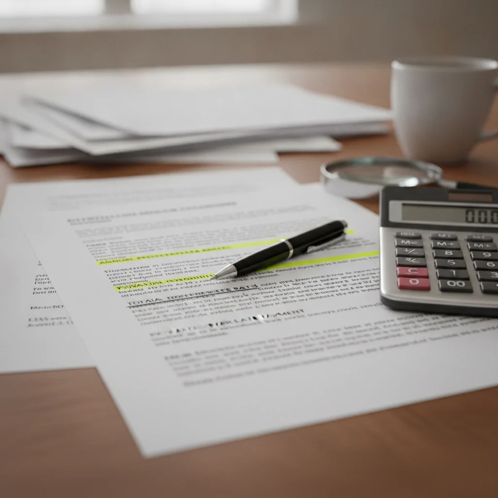 Auto loan contract documents with fine print highlighted next to a calculator and pen